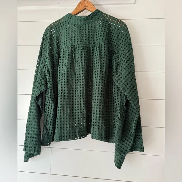 Asos Womens Eyelet Top Blouse Hunter Green Cotton Bell Sleeve Mock US Size 14 - Picture 1 of 8